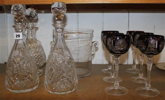 Set 6 ruby crystal hock glasses, Set 2 crystal wine decanters and a glass wine cooler